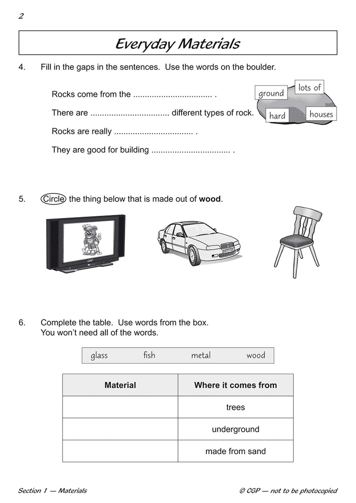 Children fill gaps about rocks, circle the wooden object, and match materials to their sources in a table