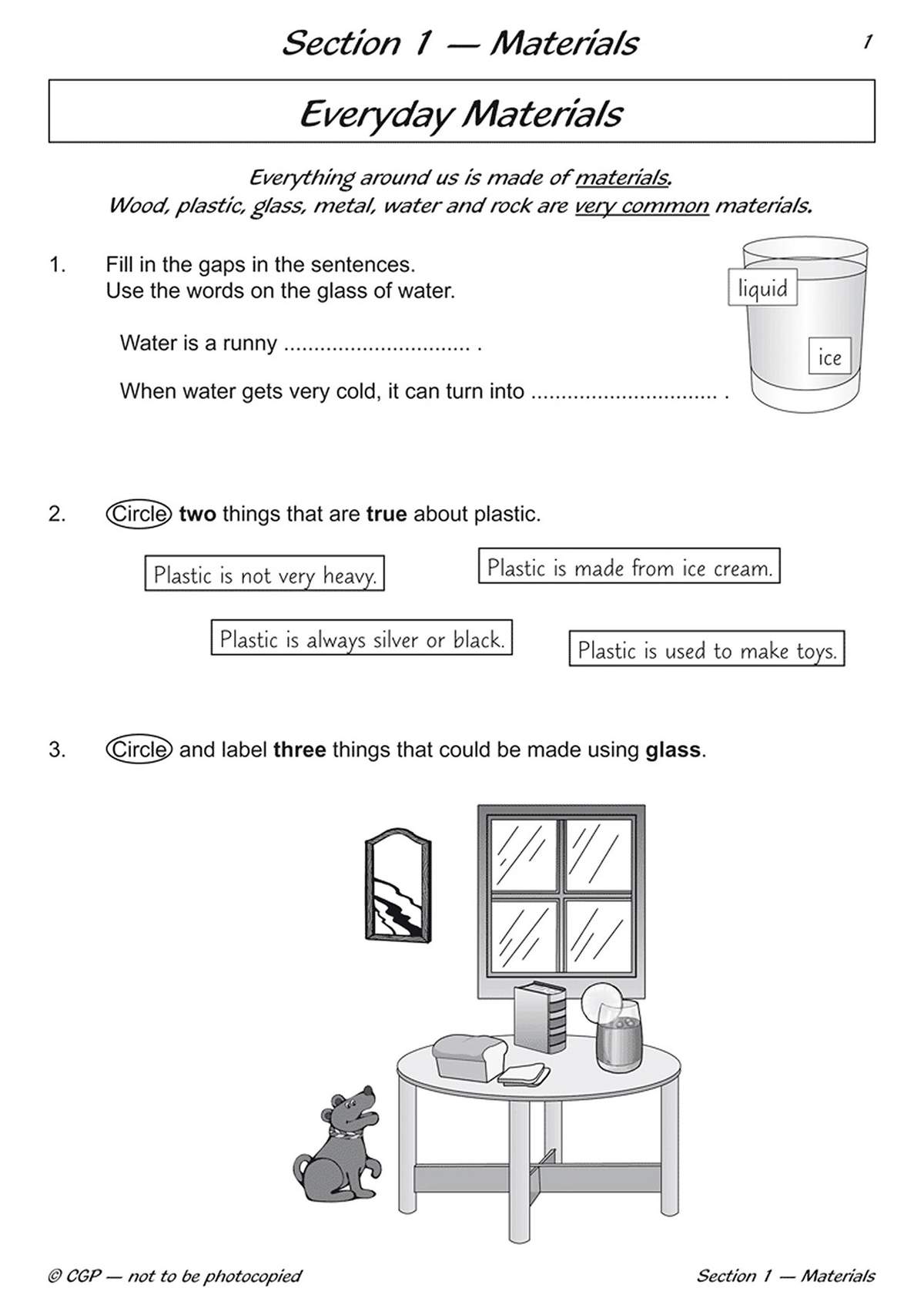 Children fill gaps about water states, circle true facts about plastic, and label glass objects in a room scene