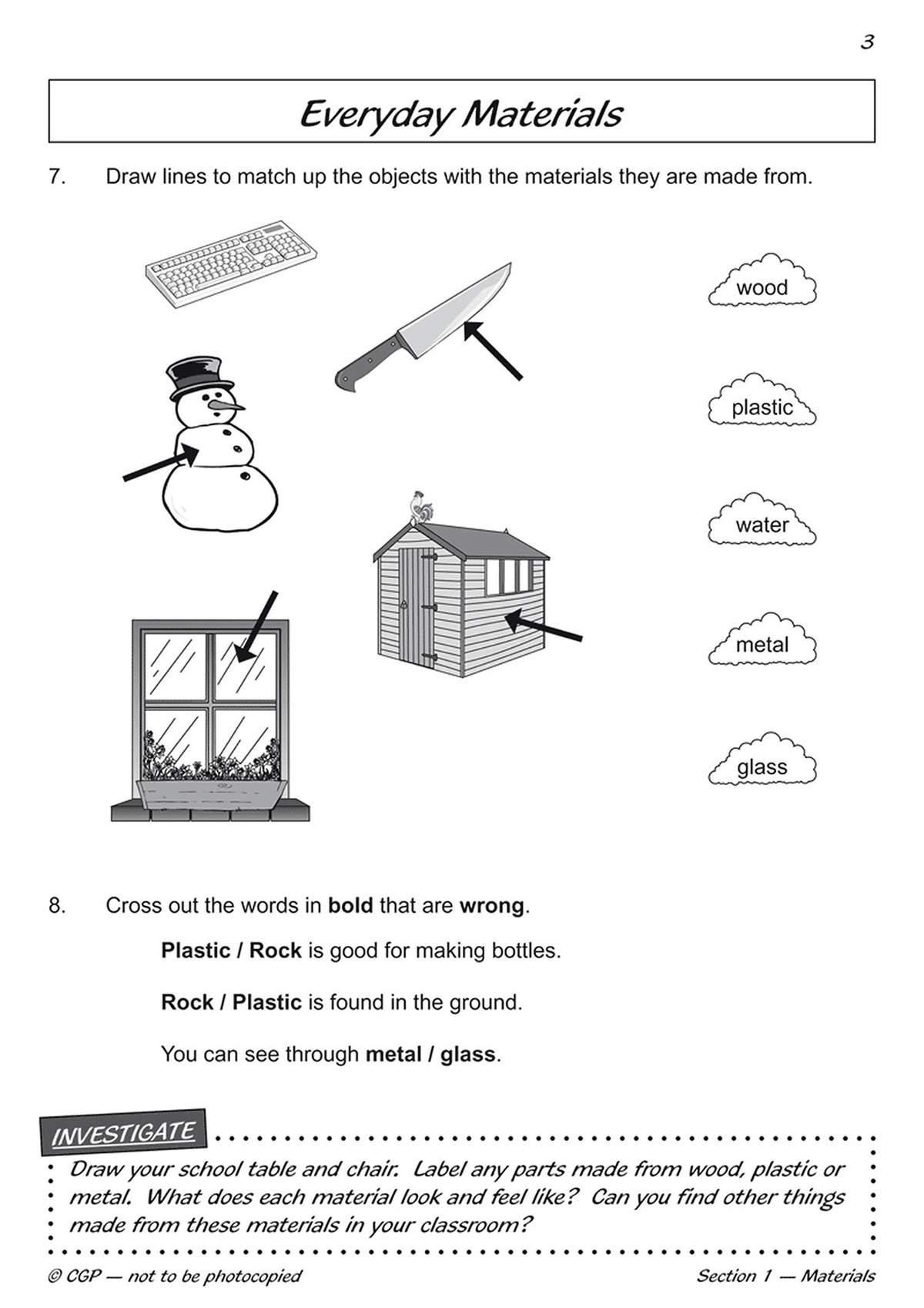 Children match objects to materials, cross out wrong words, and draw a labelled table to explore properties