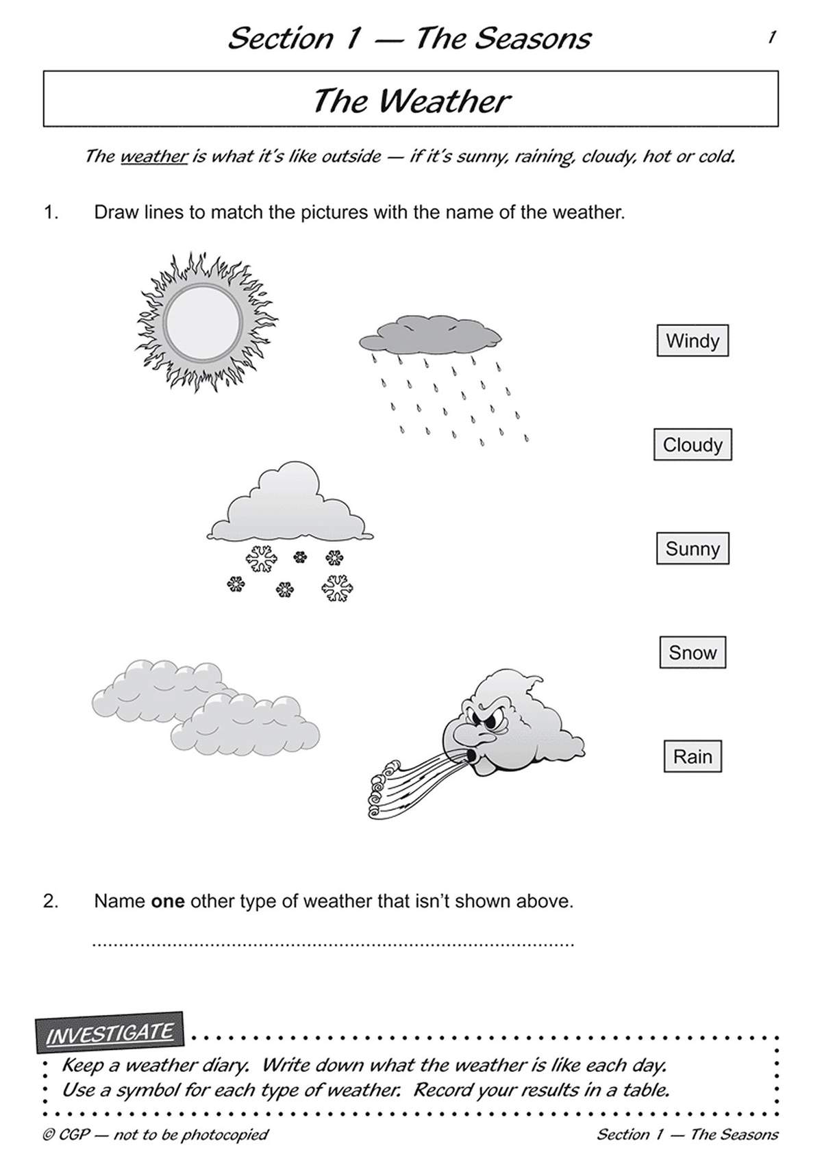 Children match weather pictures to names, then name another type of weather and keep a diary