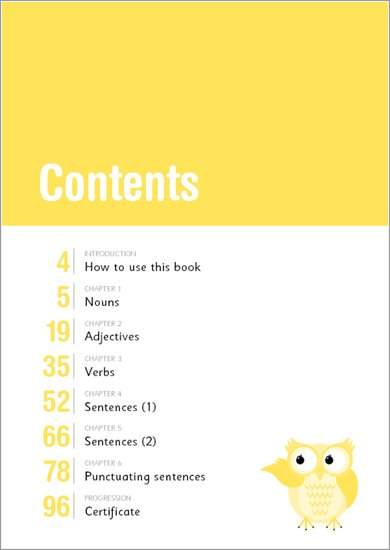 A contents page listing grammar chapters from nouns to punctuation, with page numbers and a cartoon owl