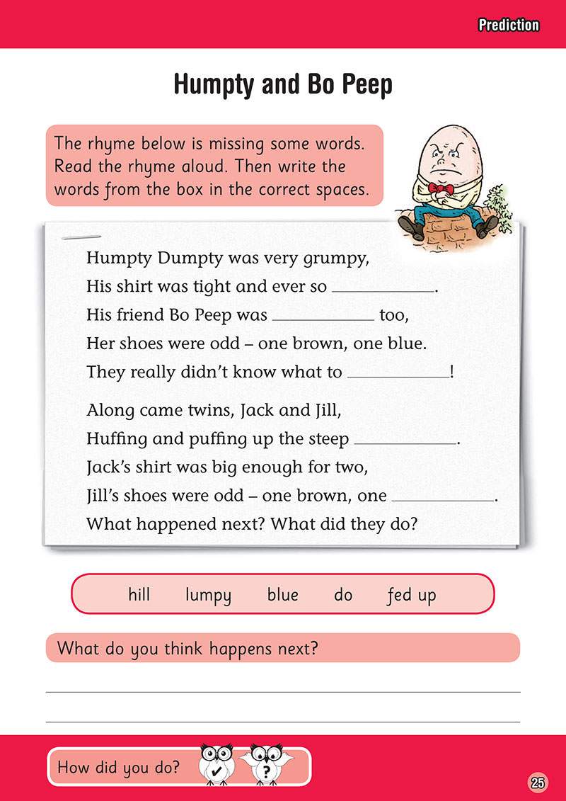Children complete a missing-word rhyme about Humpty Dumpty and Bo Peep, then write a short prediction about what happens next