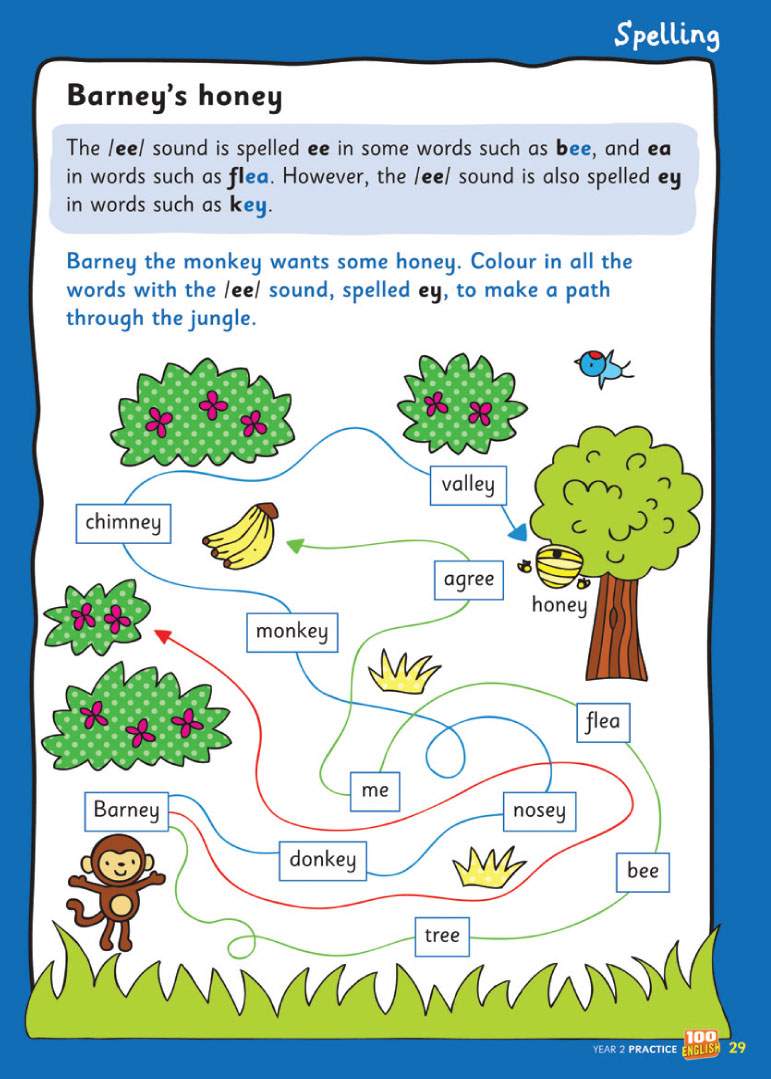Children colour words containing the /ee/ sound spelled as 'ey' to create a path through a jungle scene