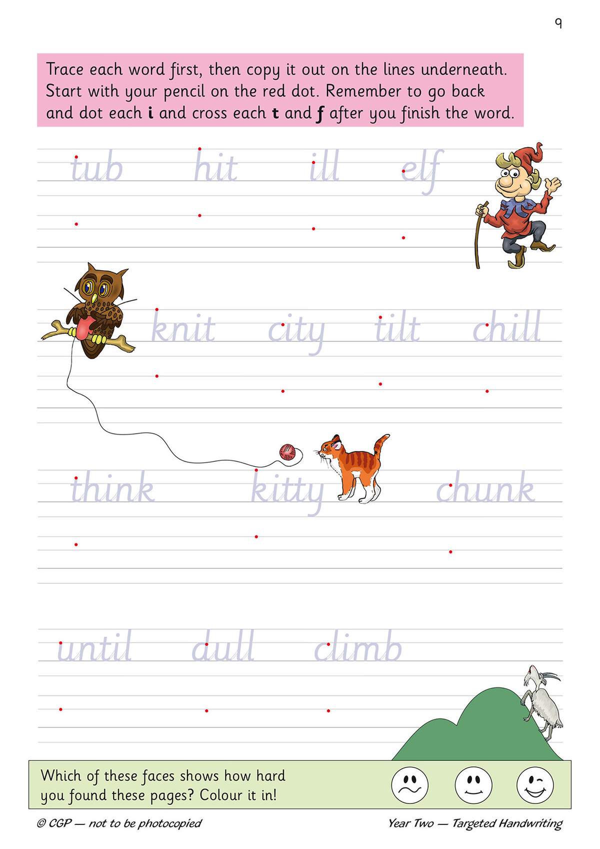 Children trace and copy words like 'tub' and 'elf', dotting specific letters, then colour a face to rate their effort