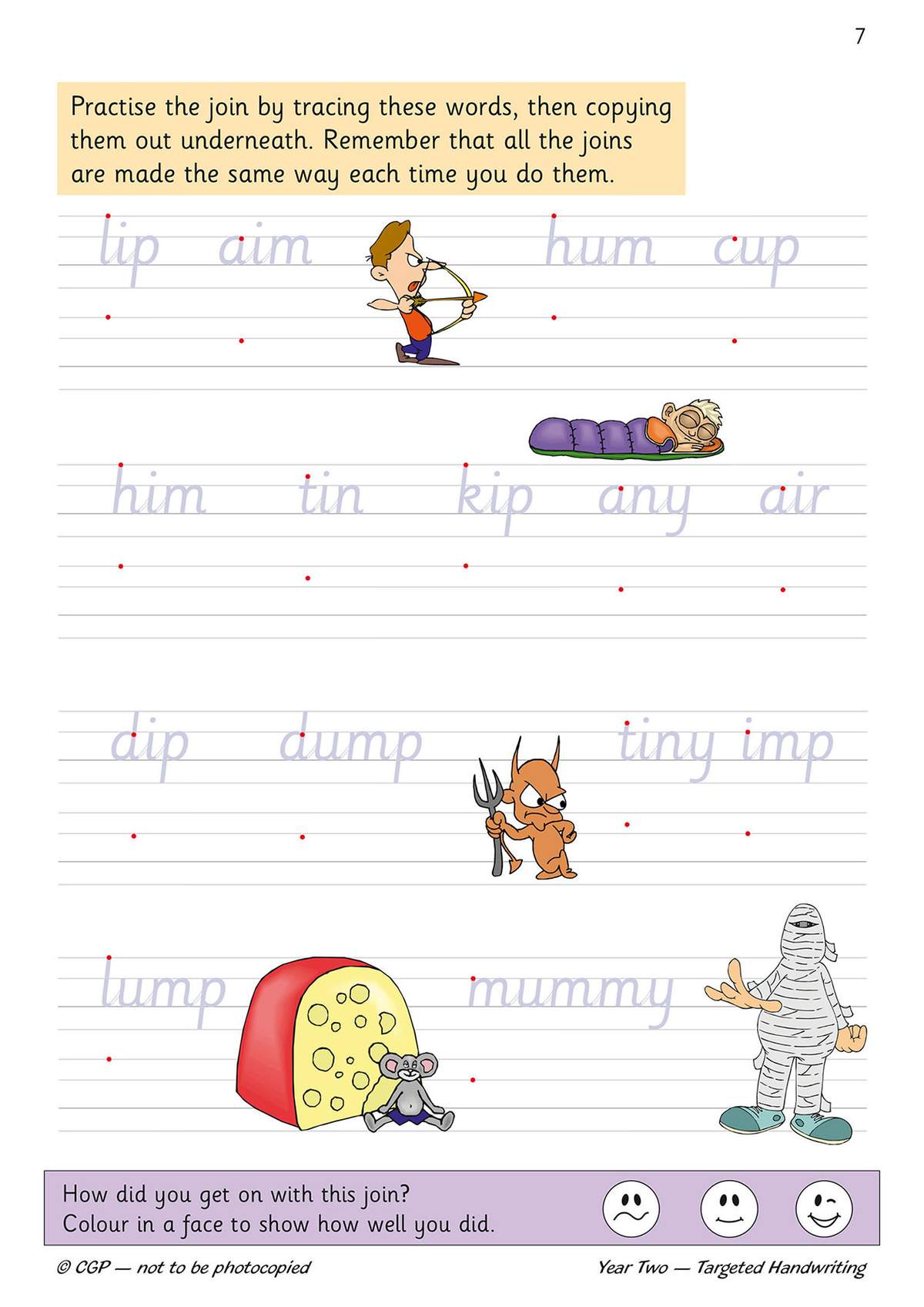 Children trace and copy words containing joined letters, then colour a face to self-assess their progress