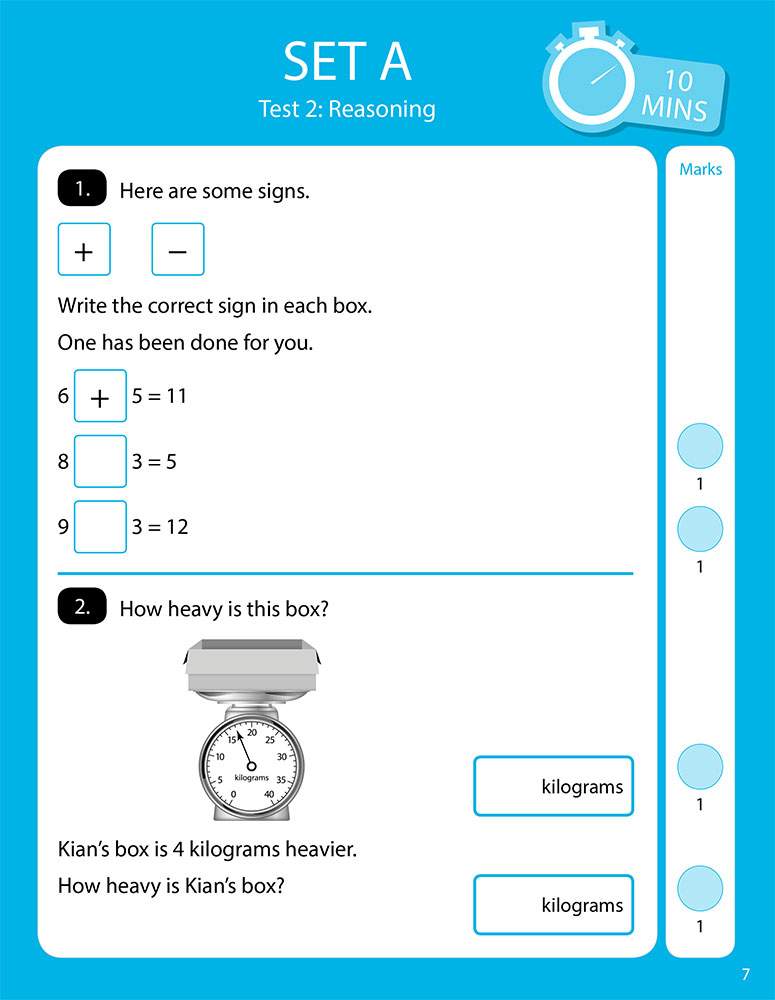 A 10-minute reasoning test with two questions on basic arithmetic and a word problem involving weight