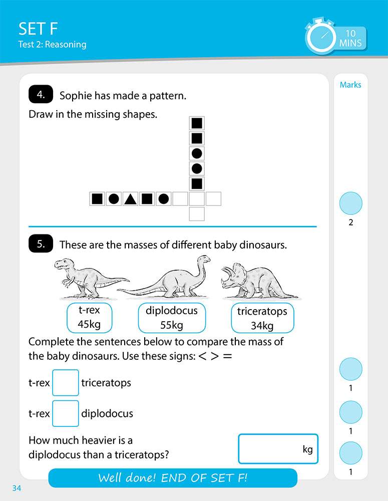 Children complete a shape pattern and compare the masses of baby dinosaurs using symbols and subtraction