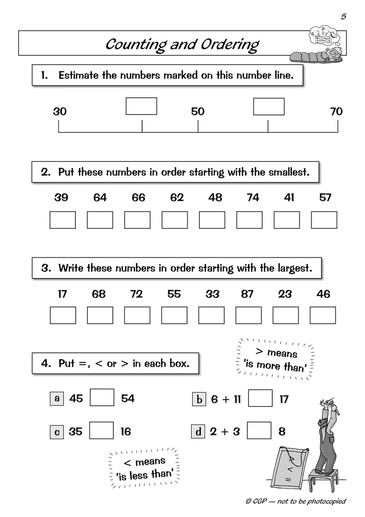 Children estimate numbers on a number line, order sets of numbers, and compare values using symbols