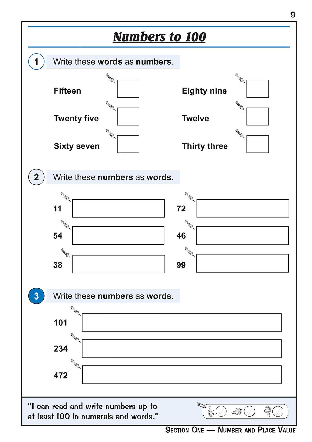 Children write numbers as words and words as numbers, practising conversion up to 472 with a self-assessment scale