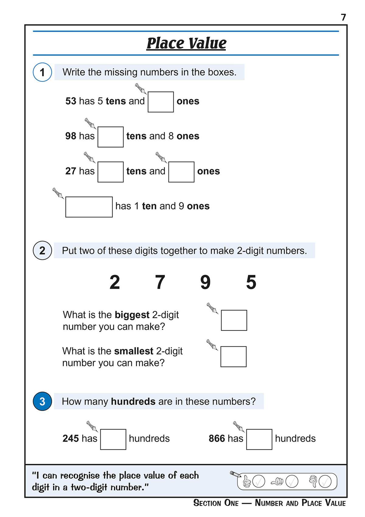 Children write missing numbers to show tens and ones, then form the biggest and smallest 2-digit numbers from given digits