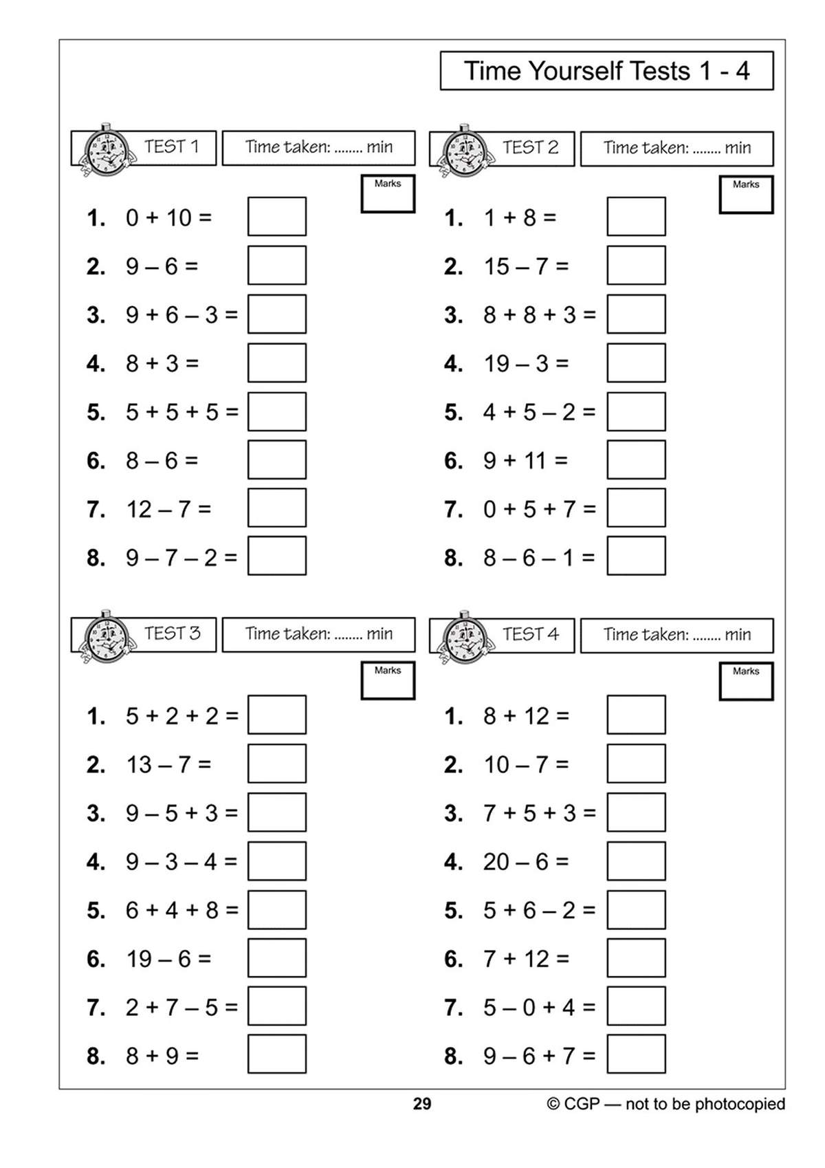 Four timed tests of addition and subtraction for Year 2 pupils, with space to record time taken and marks