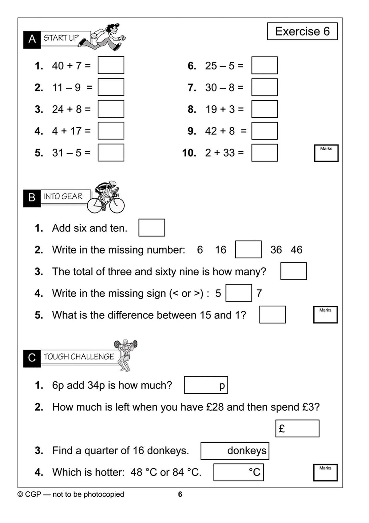 A page of 16 mental maths questions on addition, subtraction and number ordering, with boxes to write answers in