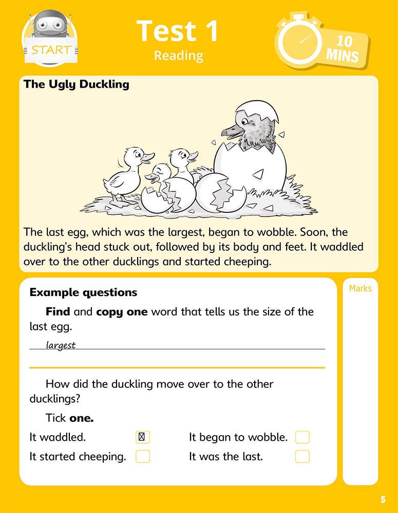 A short reading passage about a duckling hatching, followed by questions to find a word and tick the correct answer