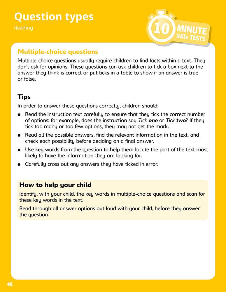 A guide to answering multiple-choice reading questions, with tips on how to help your child find facts and check their work