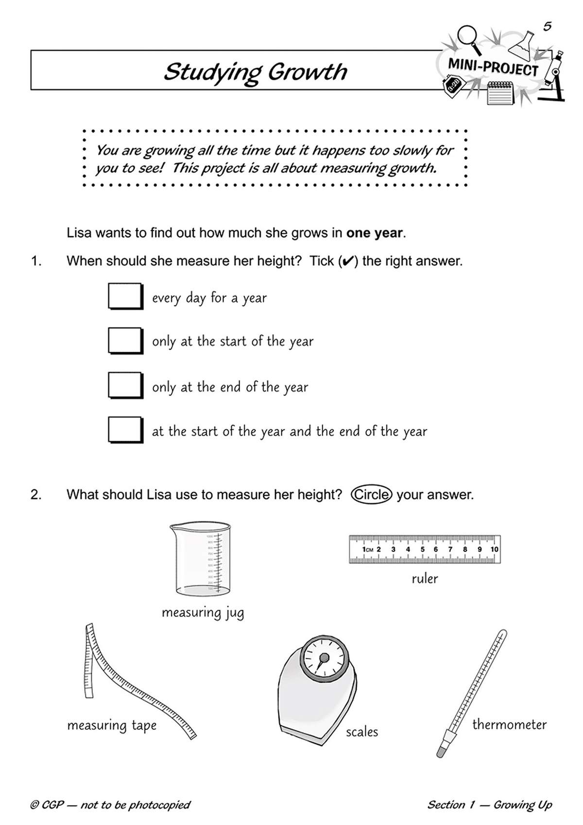Children tick the correct time to measure height and circle the right tool for the job