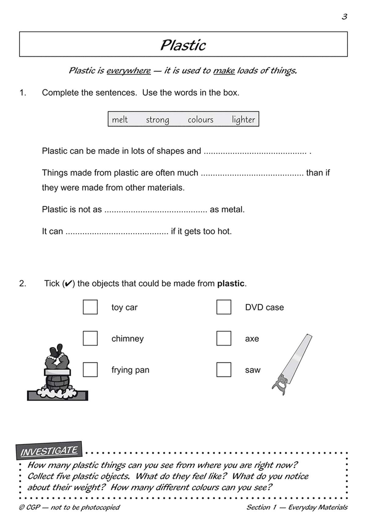 Children complete sentences about plastic properties and tick objects made from it