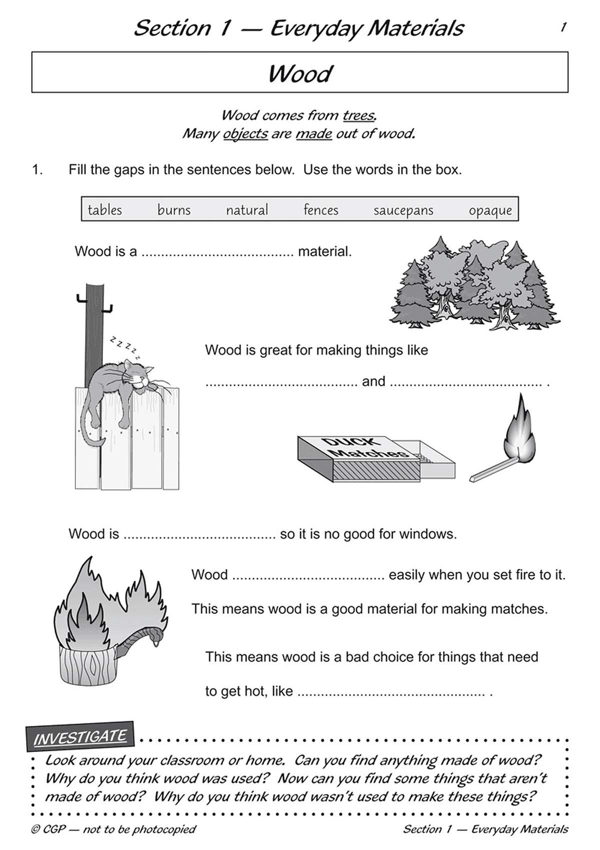 Children fill gaps in sentences about wood using a word box, supported by simple line drawings