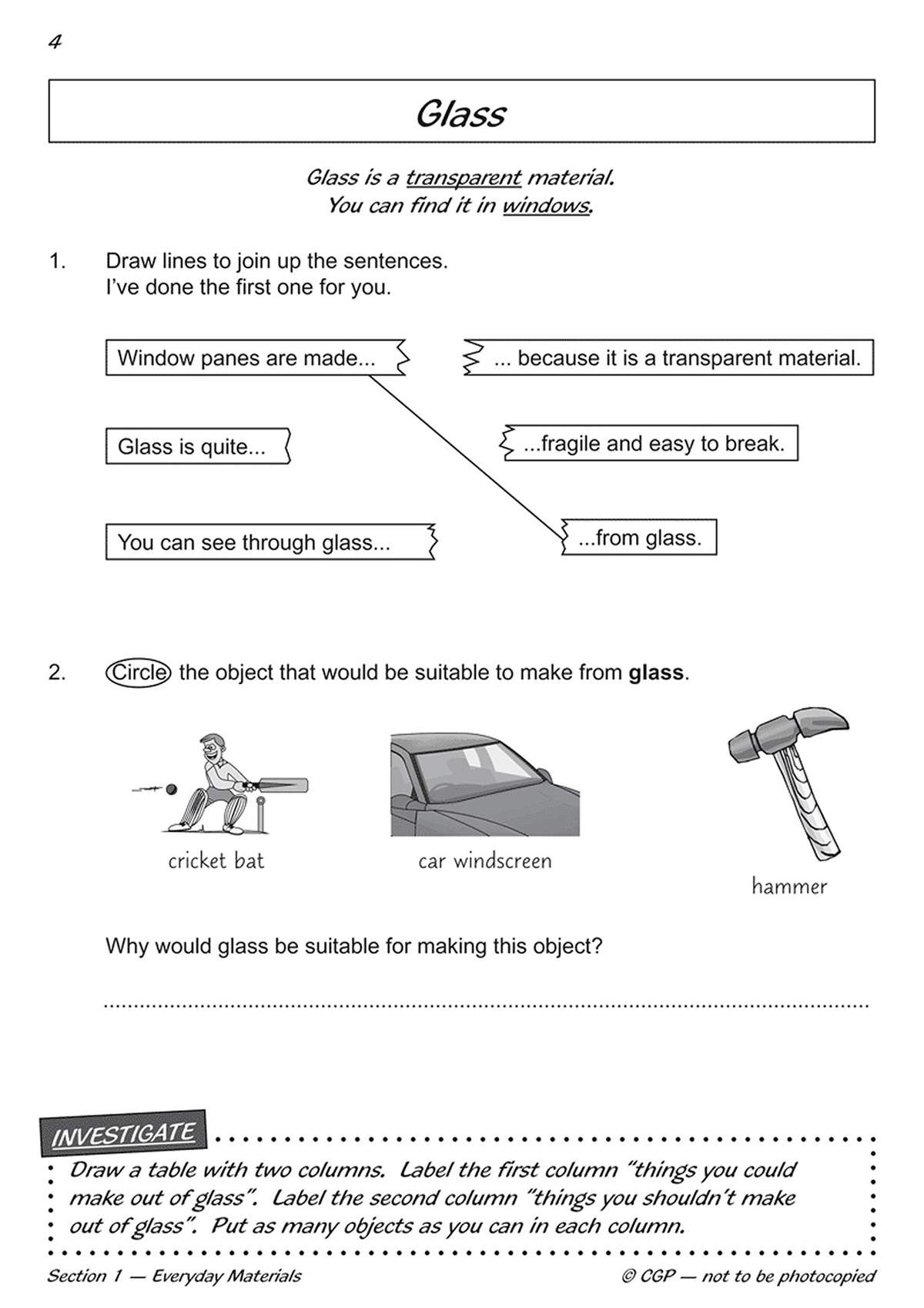 Children match sentences about glass, circle the right object, and write reasons why glass is suitable for it
