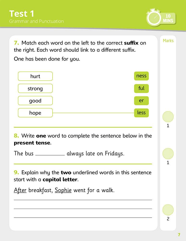 Children match four words to suffixes, write one word to complete a sentence, and explain why two words are capitalised