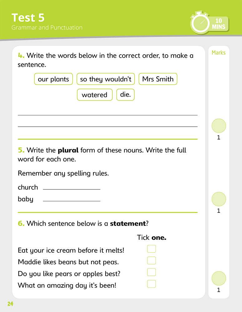Children order words to make sentences, write plural forms of nouns, and tick the correct statement in a timed test
