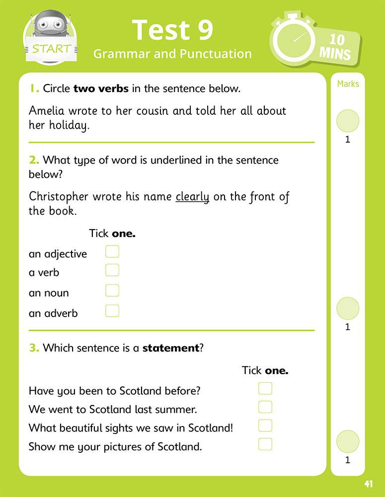 Three short grammar questions on verbs, adjectives and statements, with ticking and circling tasks to build quick exam speed