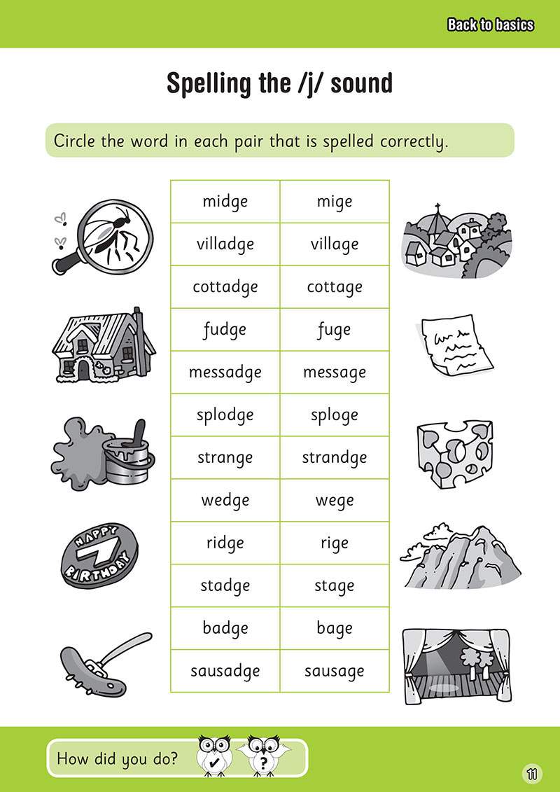 Children circle the correctly spelled word in each pair from a list of ten words, focusing on the /j/ sound