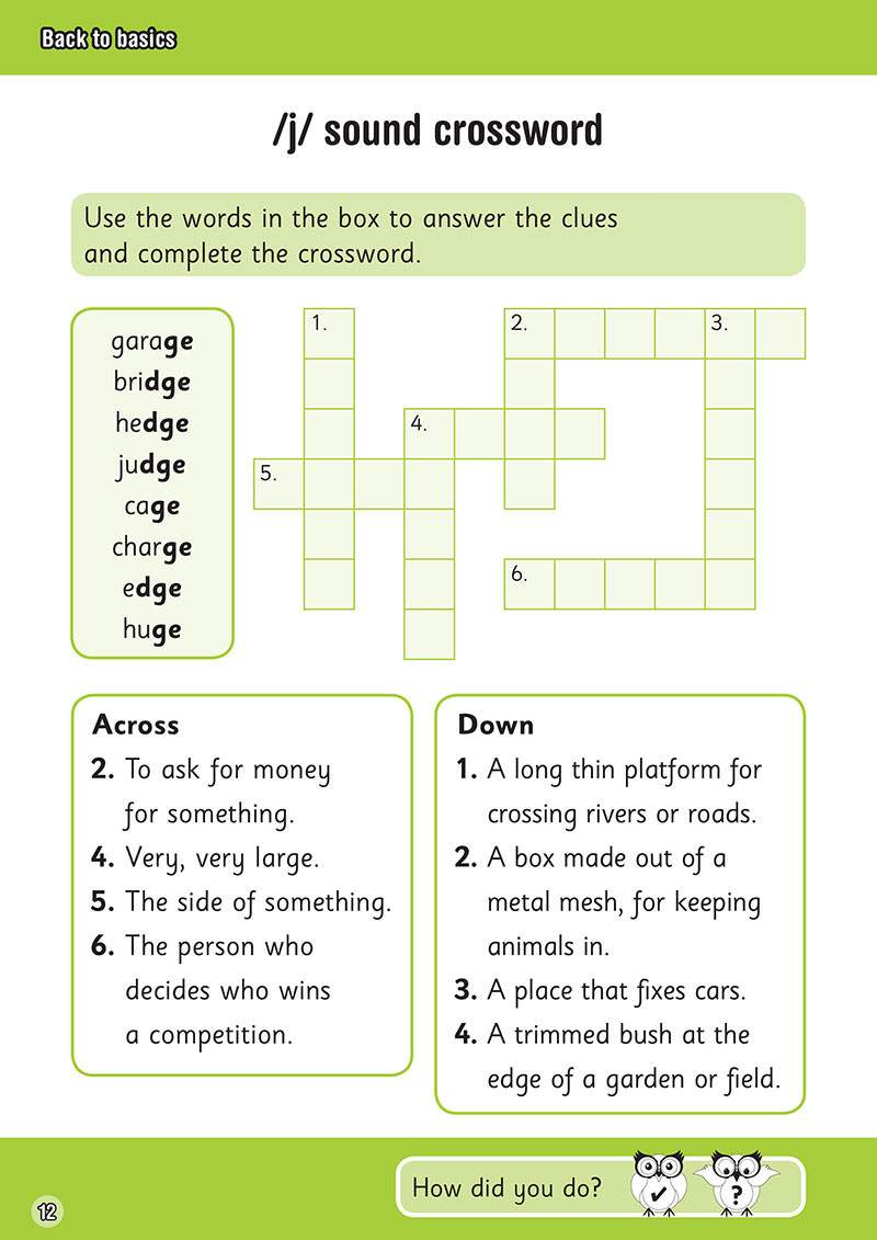 Children spell six /j/ sound words in a crossword using a word bank and clues, then tick how they did