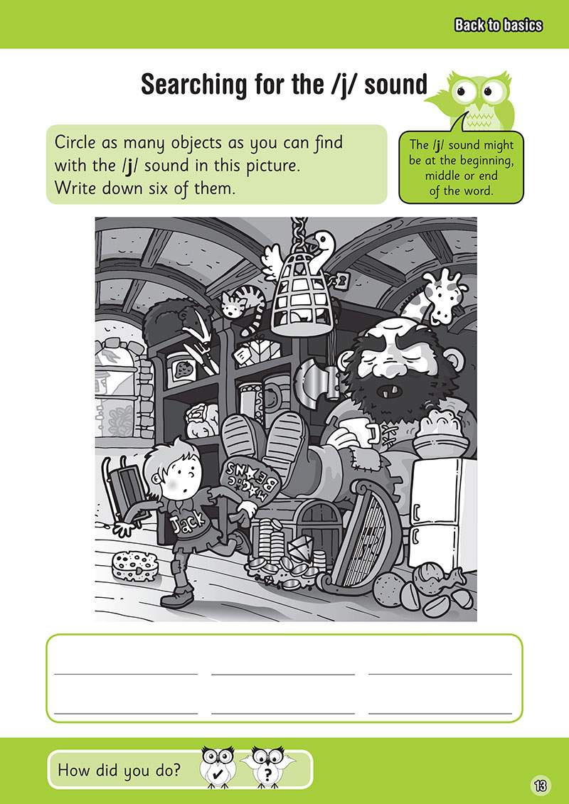 Children circle objects with the /j/ sound in a busy cartoon scene and write six words in the boxes below