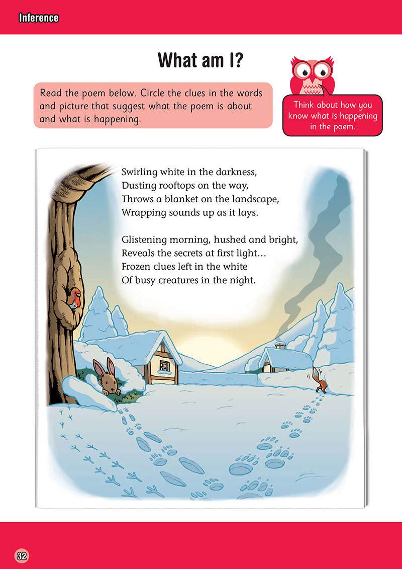 A winter-themed poem about snow, with a cartoon scene to help children circle clues and infer the subject