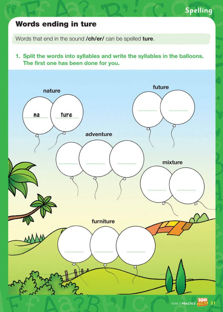 Children split five words into syllables and write them in balloons, practising the 'ture' spelling pattern