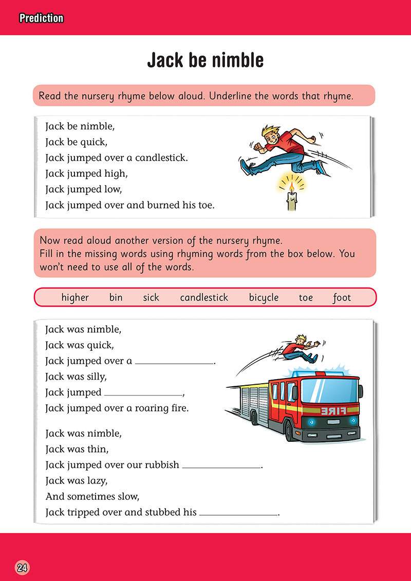 Children read two versions of a nursery rhyme, underline rhyming words, and fill in missing words using a word bank