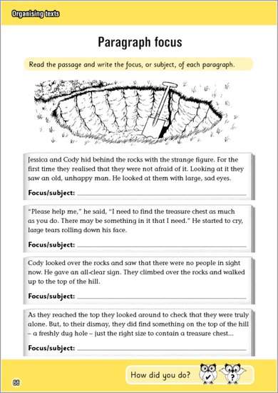 Children read a short story about a mysterious figure and write the focus or subject of each paragraph