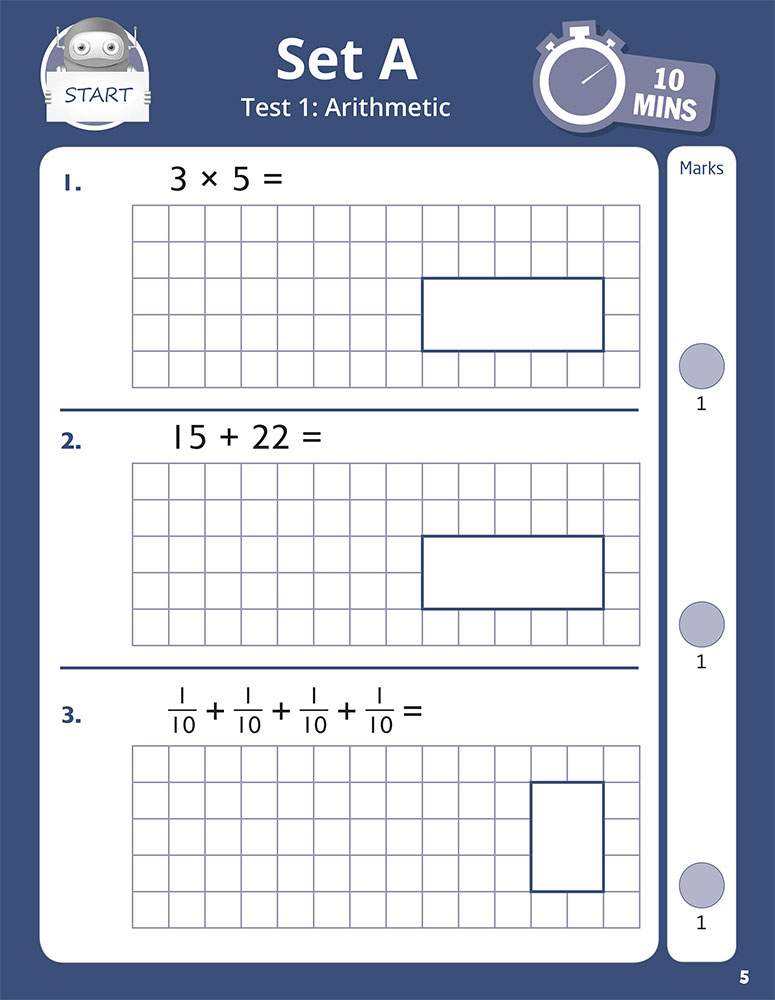 Three arithmetic questions on multiplication, addition and fractions, with grids for answers and a 10-minute timer