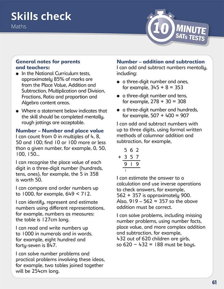 A skills checklist for Year 3 Maths, explaining mental and written addition and subtraction with worked examples