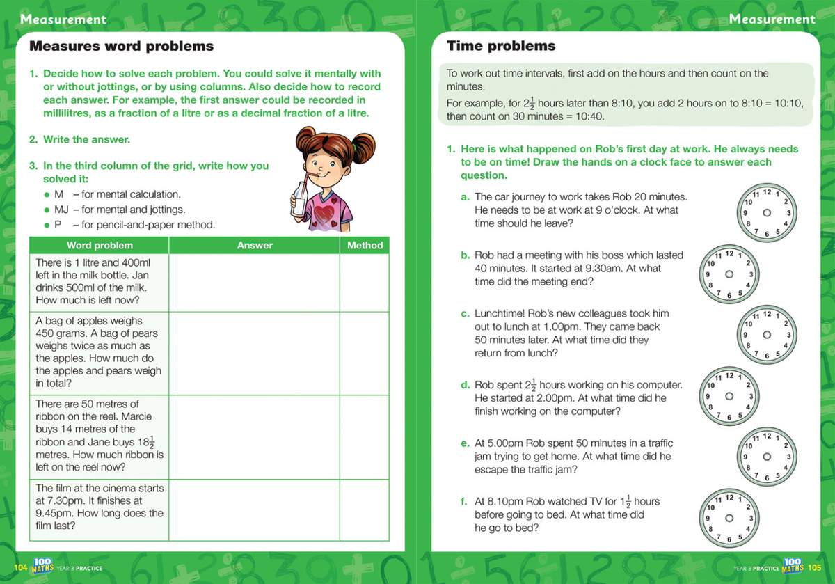 Children solve four word problems about milk, apples, ribbon and film, writing the answer and method in a grid