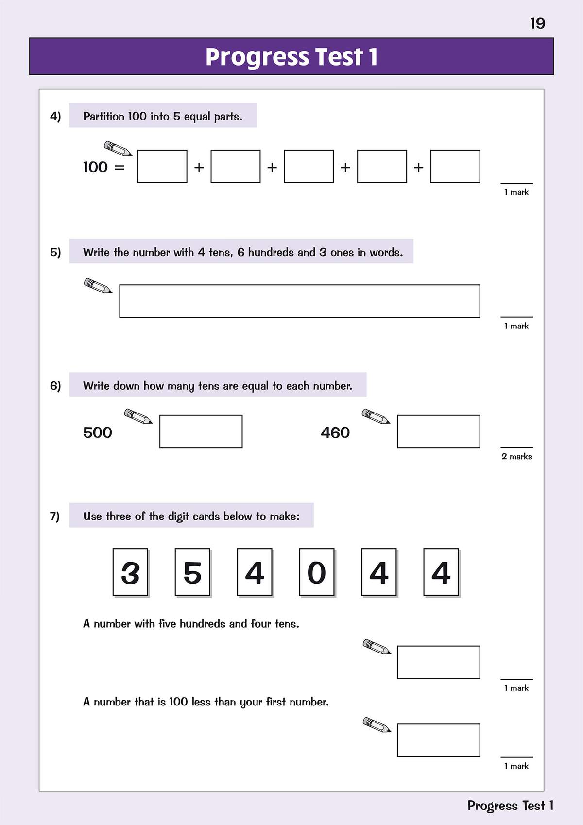 Four questions on partitioning, writing numbers in words, and using digit cards to build numbers