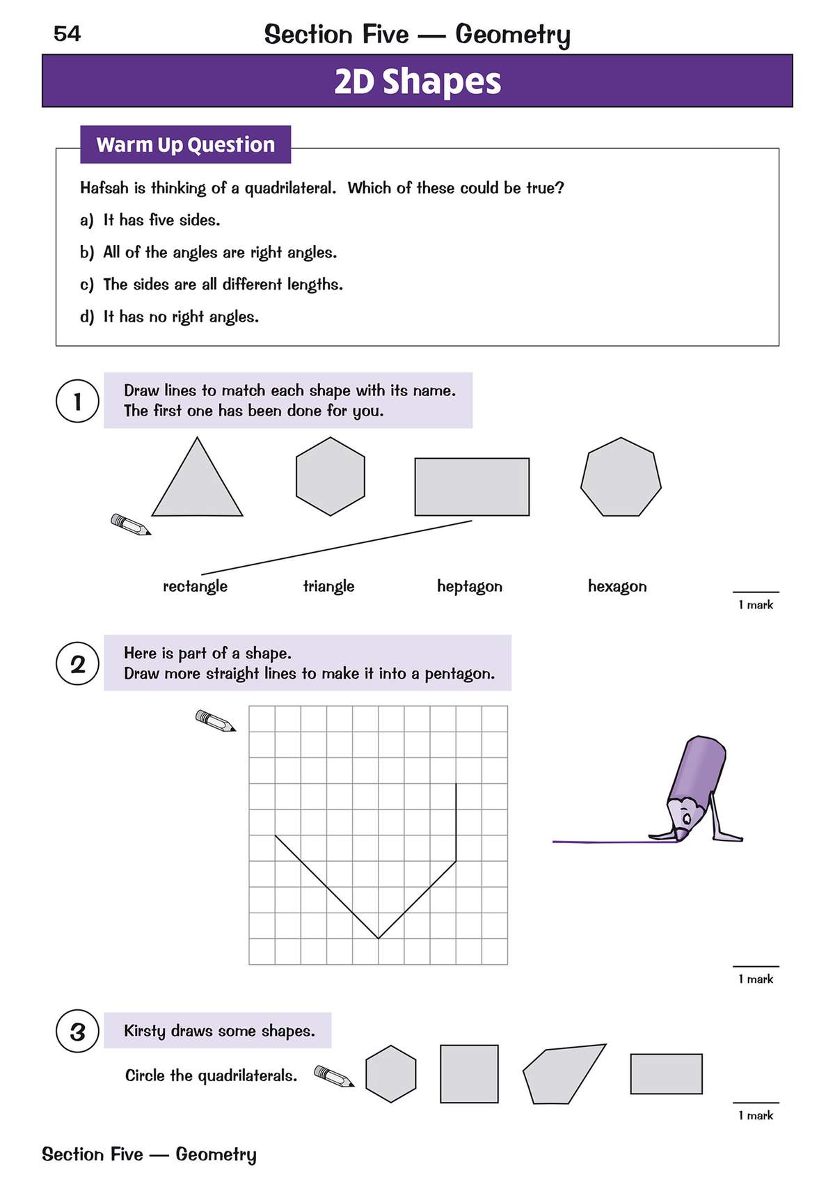 Children match shapes to names, draw lines to complete a pentagon, and circle quadrilaterals