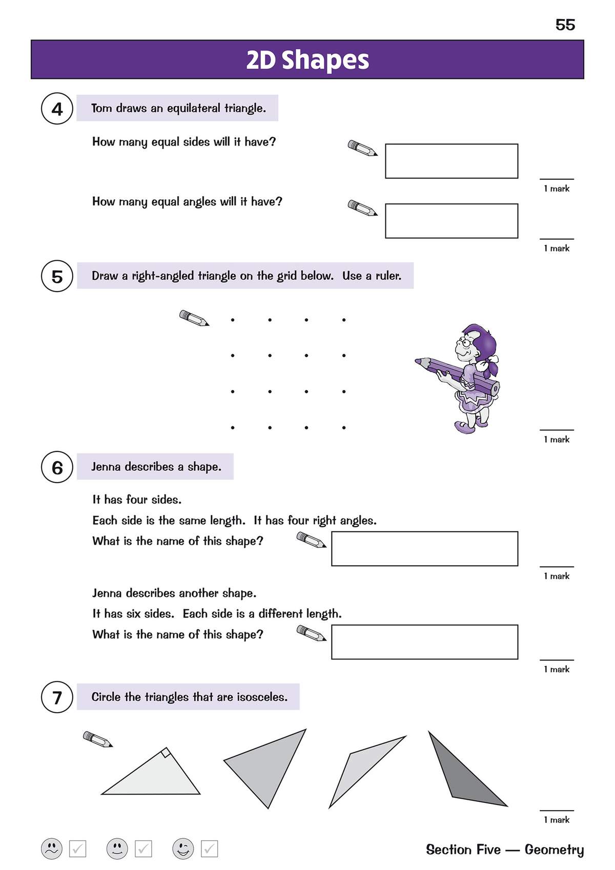 Children answer questions about triangles and quadrilaterals, draw a shape on a grid, and circle isosceles triangles
