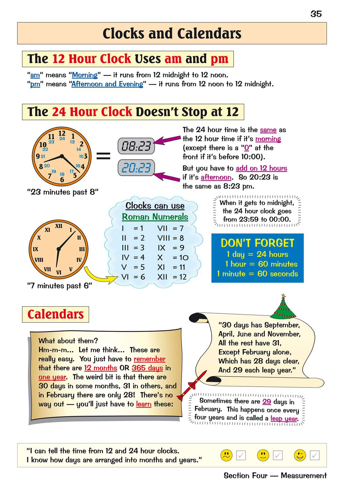 Clear notes on 12 and 24 hour clocks, Roman numerals, and days in months, with diagrams to help children learn