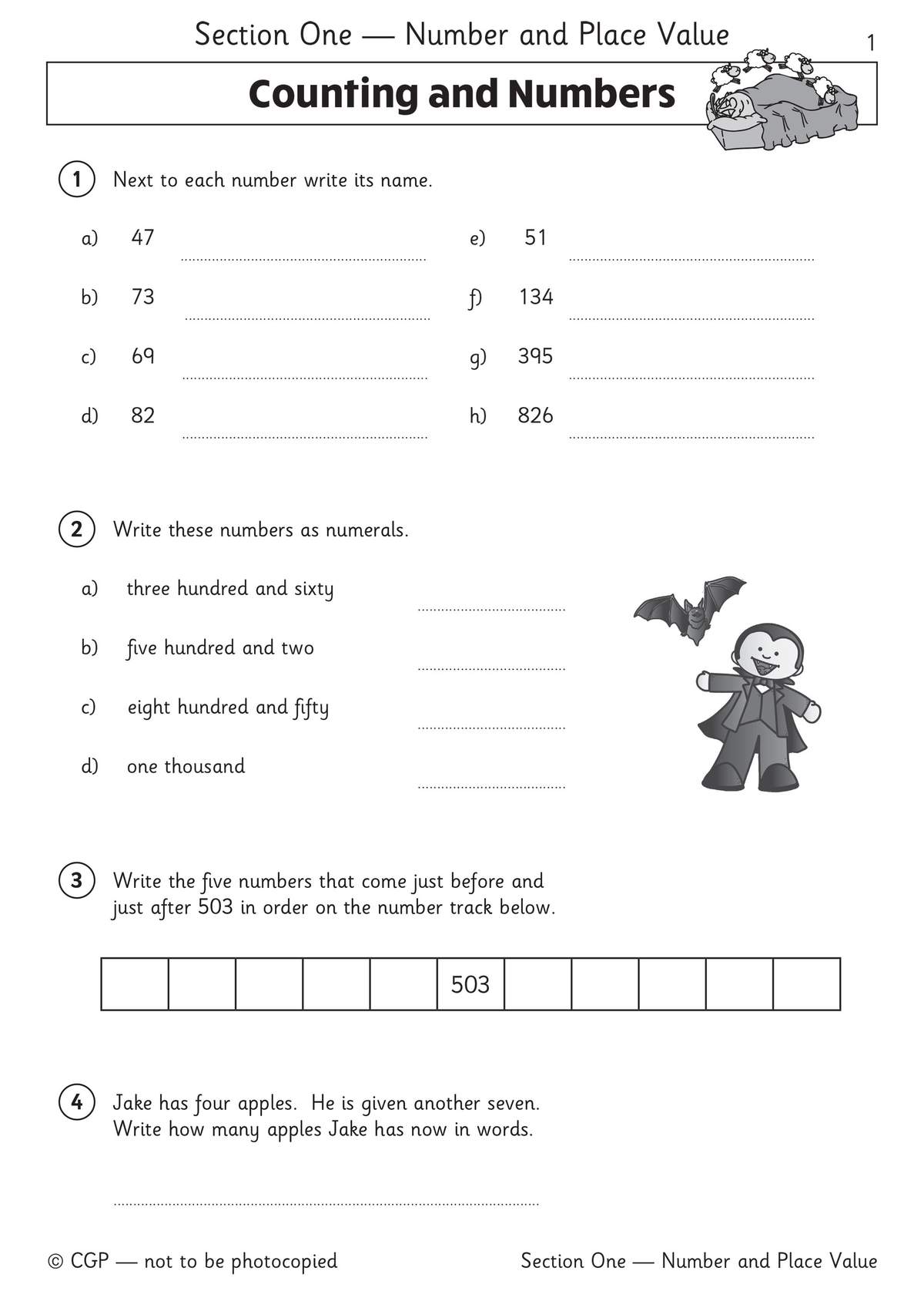 Four exercises on writing numbers in words and numerals, plus a number track to complete around 503
