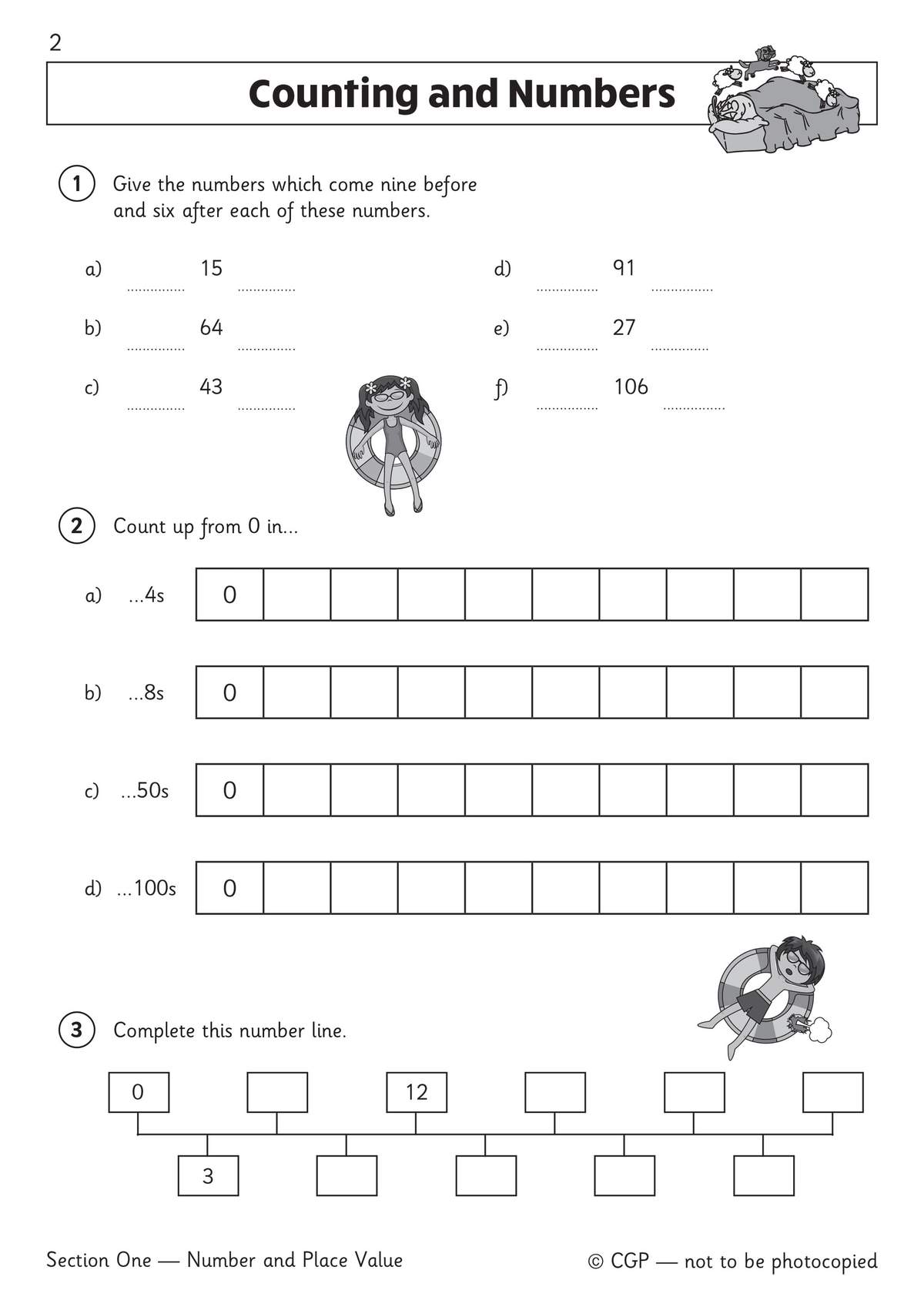 Children find numbers before and after given values, count in steps, and complete a number line