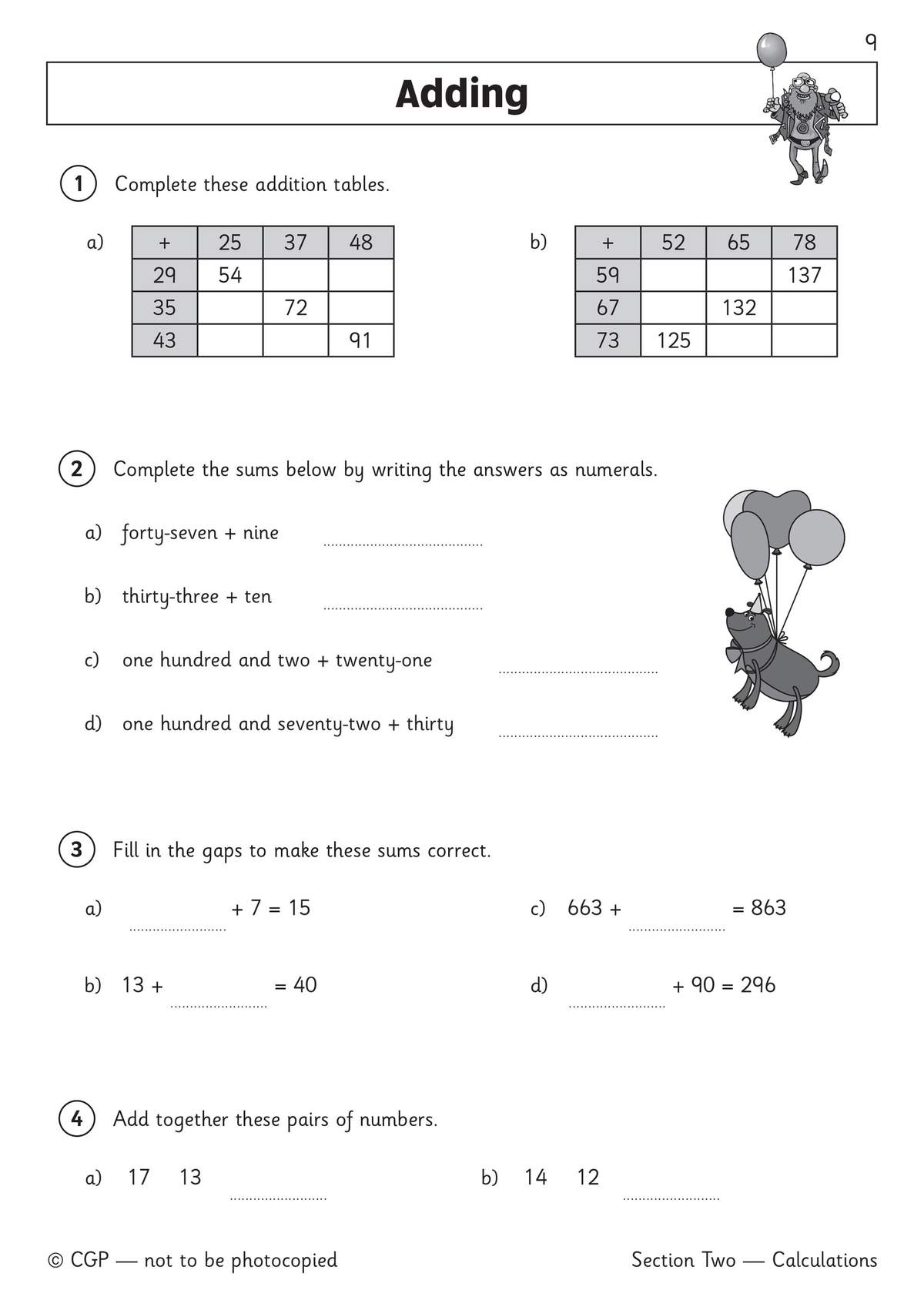 Four addition exercises for Year 3 children, including tables, word sums, and missing number problems
