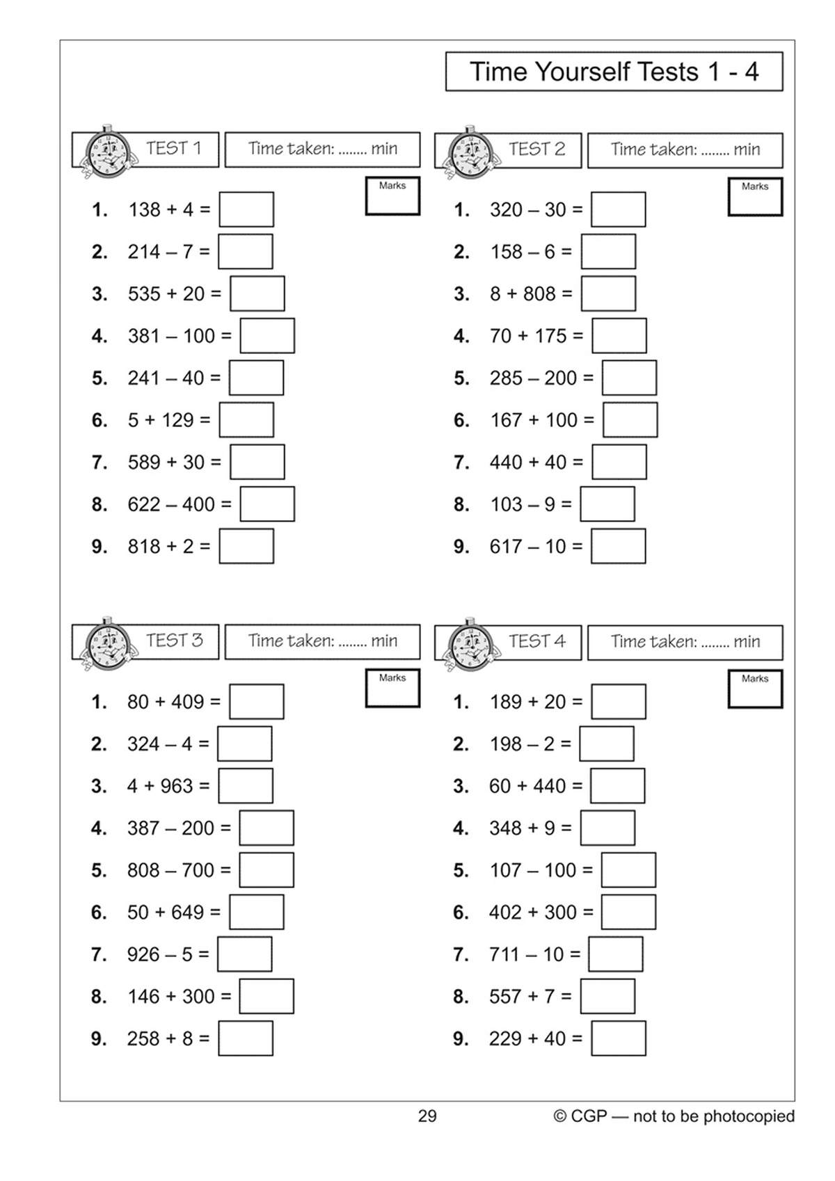 Four timed tests of 30 addition and subtraction questions, with space to record time taken and marks