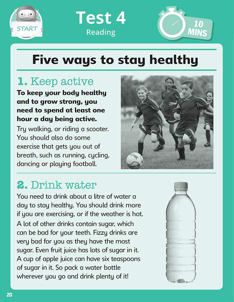 A reading passage on healthy habits with two sections on exercise and water intake