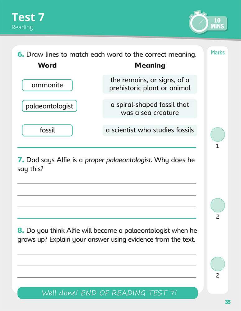 A timed reading test where children match three words to their meanings and answer two short questions about a character