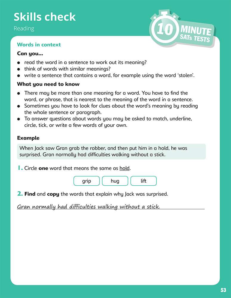 A short reading practice page where children circle synonyms and copy a sentence to explain a character's surprise