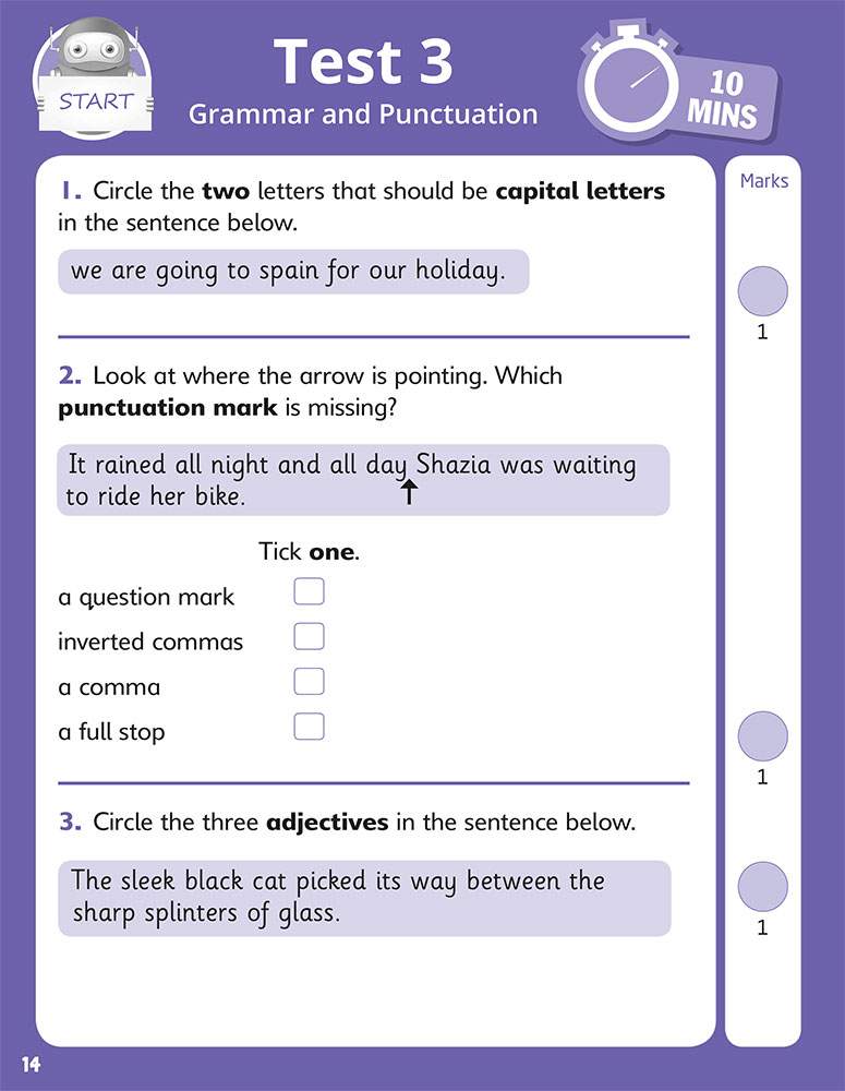 Three short grammar questions on capital letters, punctuation and adjectives, each with one mark