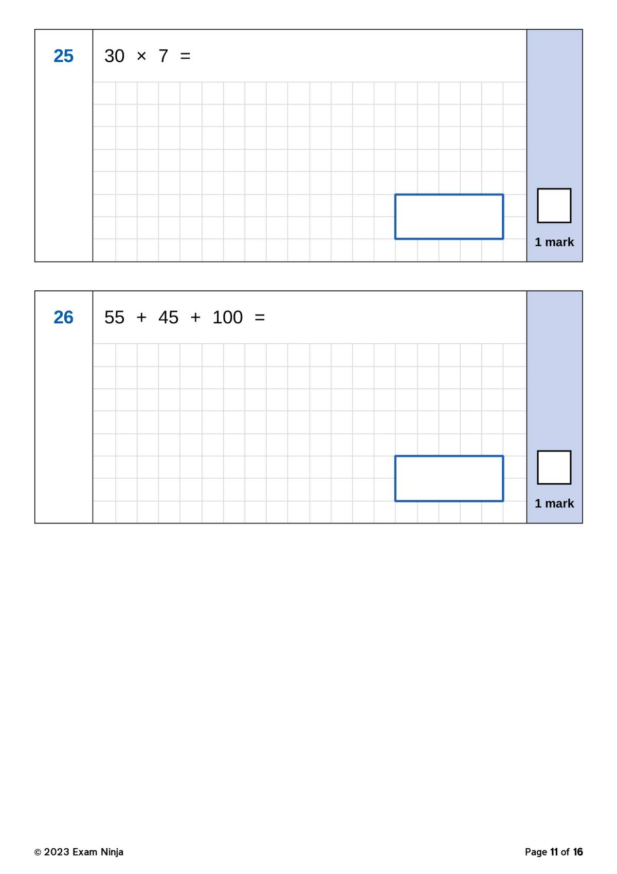 Two arithmetic questions requiring multiplication and addition, with space to write answers and tick boxes for marking