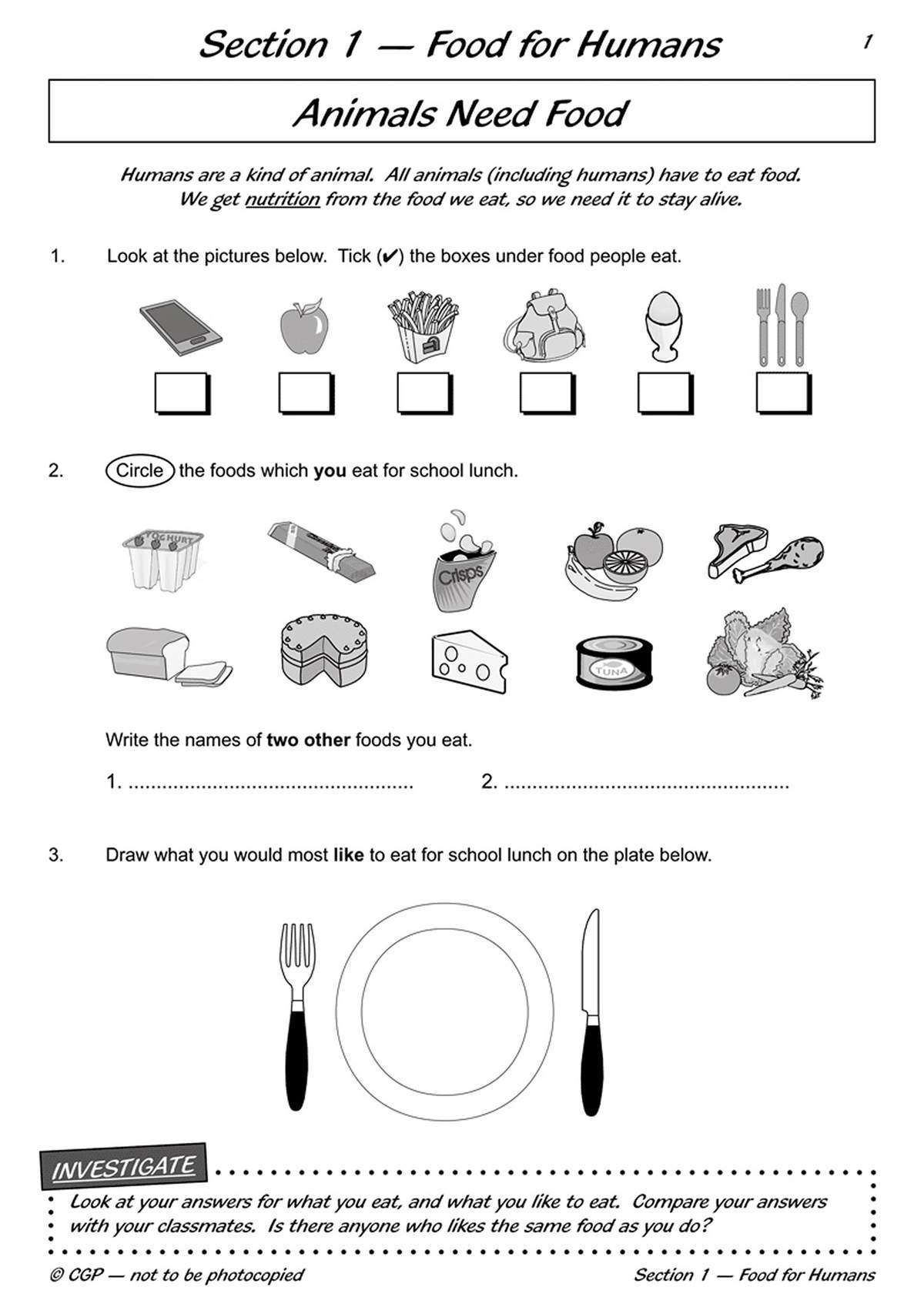 Children tick boxes to identify food, circle lunch items, write two other foods, and draw a school lunch plate