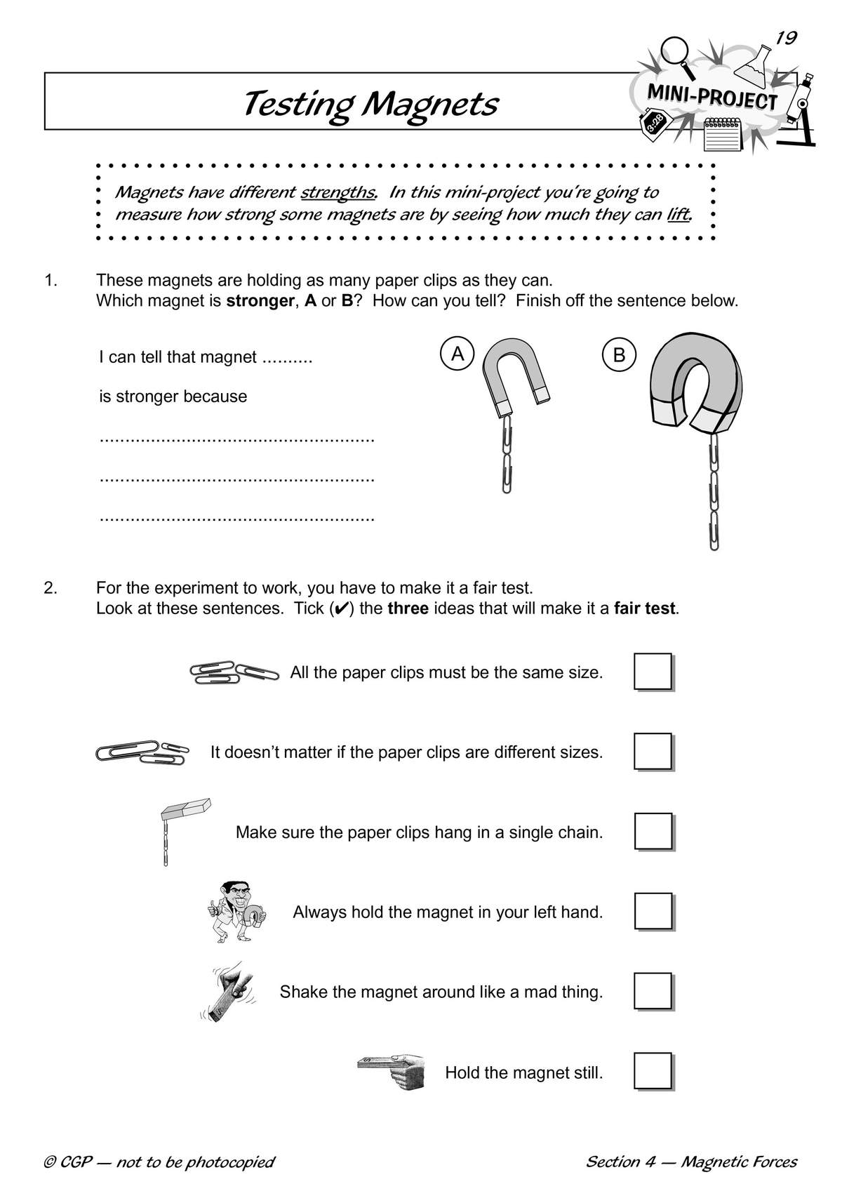 Children compare two magnets holding paper clips, write reasons for their choice, and tick three ideas for a fair test